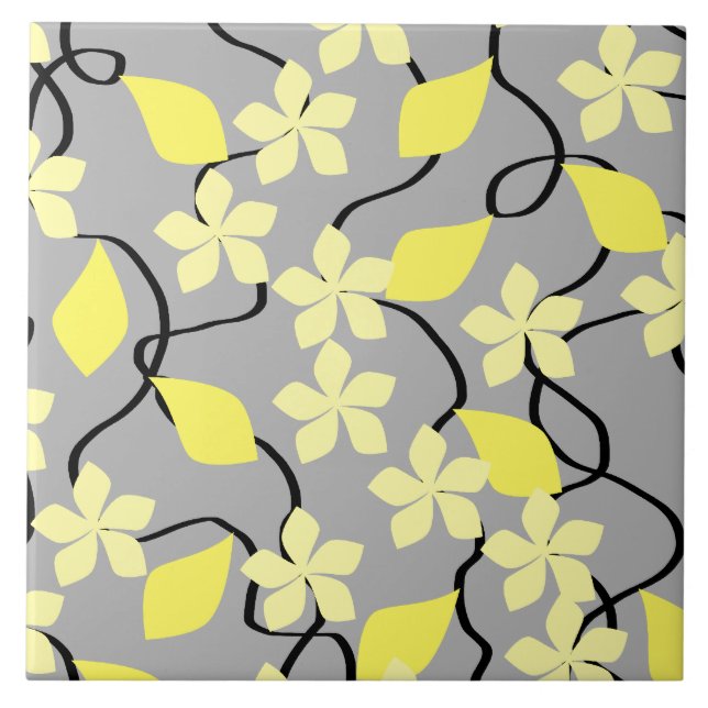 Yellow and Gray Flowers. Floral Pattern. Ceramic Tile (Front)