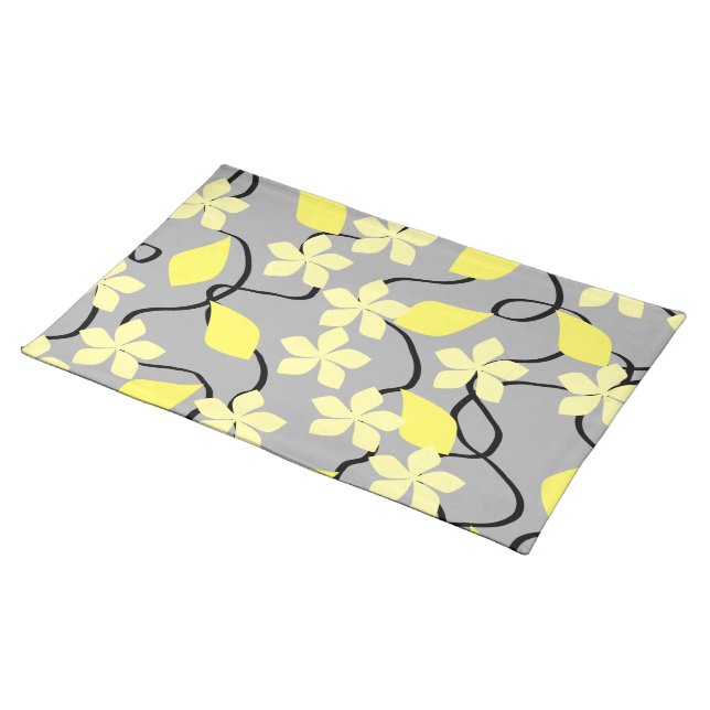Yellow and Gray Flowers. Floral Pattern. Cloth Placemat (On Table)