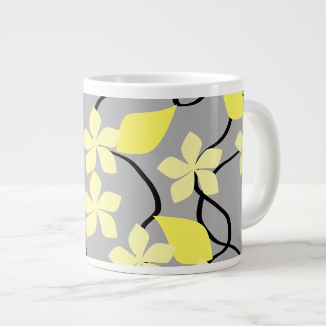 Yellow and Gray Flowers. Floral Pattern. Giant Coffee Mug (Front Right)