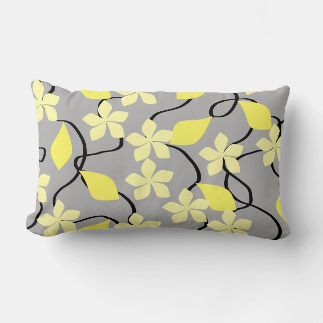 Yellow and Gray Flowers. Floral Pattern. Lumbar Pillow (Front)
