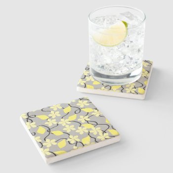 Yellow And Gray Flowers. Floral Pattern. Stone Coaster by Graphics_By_Metarla at Zazzle