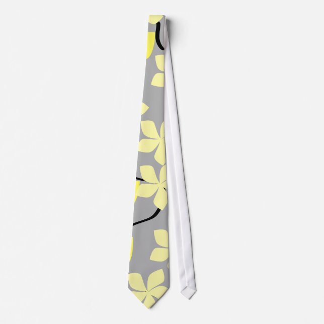 Yellow and Gray Flowers. Floral Pattern. Tie (Front)