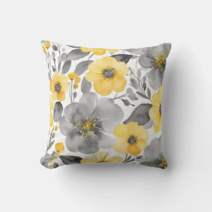 Yellow And Gray Flowers In Watercolors Throw Pillow