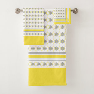 Yellow and Gray Geometric Flowers on White Bath Towel Set