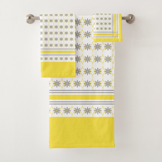 Yellow and Gray Geometric Flowers on White Bath Towel Set (Insitu)