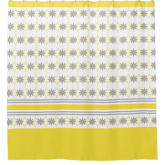 Yellow and Gray Geometric Flowers on White Shower Curtain (Front)