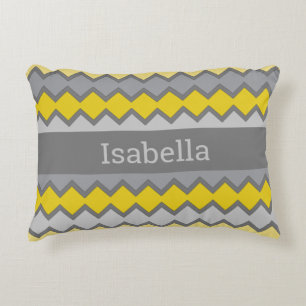 Yellow And Gray Geometric Pattern Name Accent Pillow