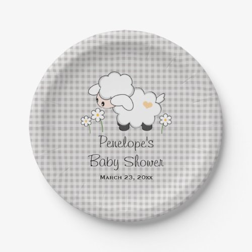 Yellow and Gray Gingham Lamb Baby Shower Paper Plates