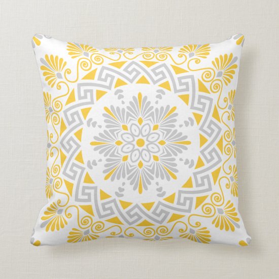 Yellow and Gray Greek Key Meander Mandala Pattern Throw Pillow