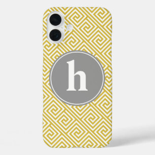 Yellow and Gray Greek Key Pattern Monogram iPhone 16 Plus Case