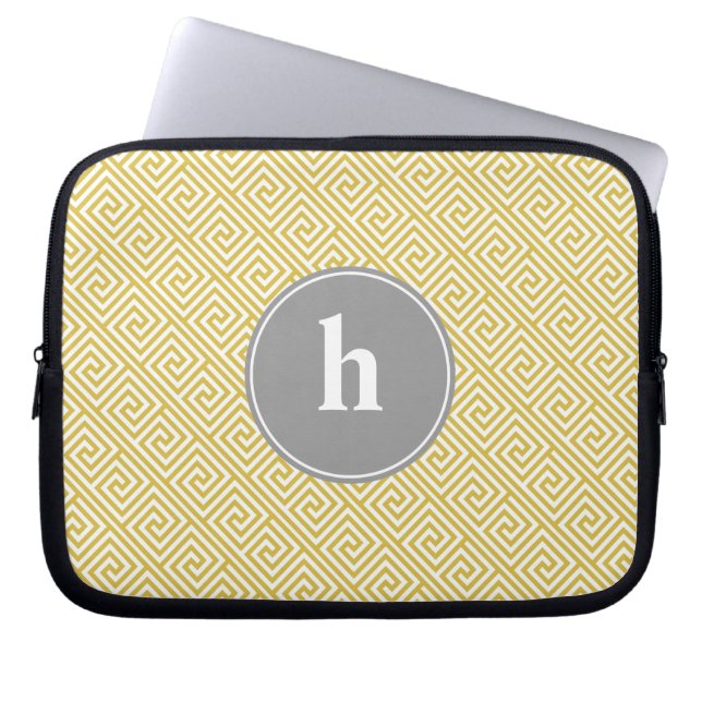 Yellow and Gray Greek Key Pattern Monogram Laptop Sleeve (Front)