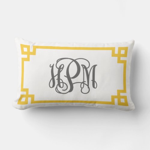 Yellow and Gray Greek Key Script Monogram Lumbar Pillow