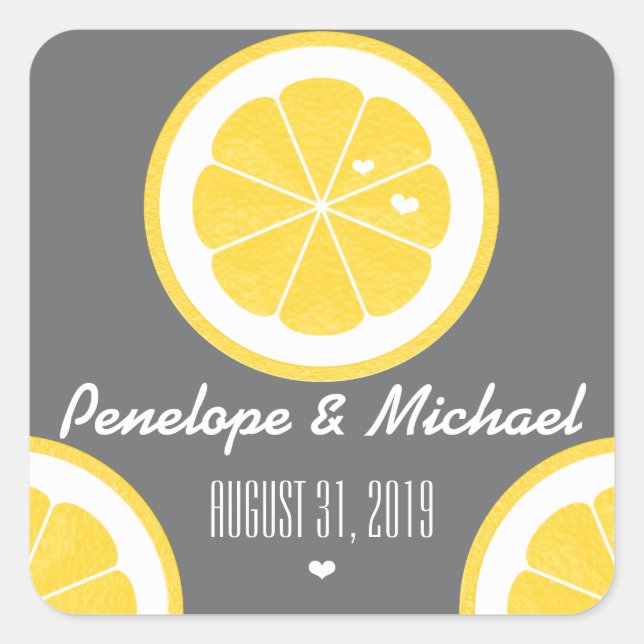 YELLOW AND GRAY LEMON HEART SEEDS WEDDING SQUARE STICKER (Front)