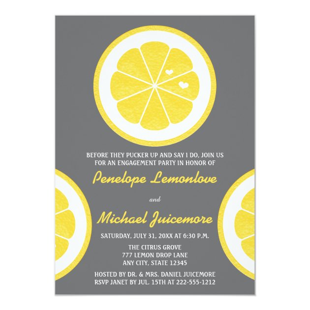 YELLOW AND GRAY LEMON THEMED ENGAGEMENT PARTY CARD