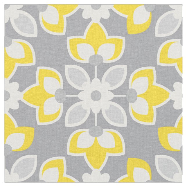 Yellow and Gray Modern Floral Geometric Fabric (Close Up)