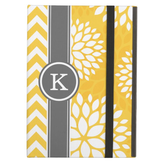 Yellow and Gray Monogram Chevron and Floral Cover For iPad Air (Front Closed)