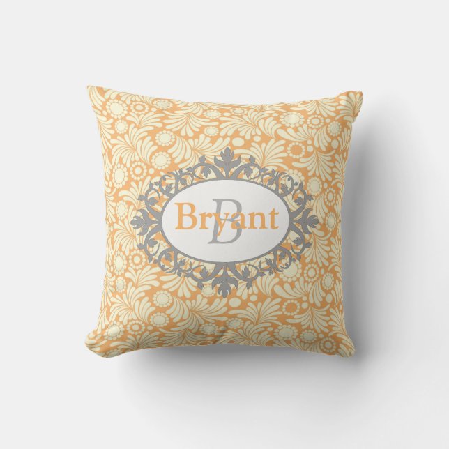 Yellow and Gray Monogram Damask Throw Pillow (Front)