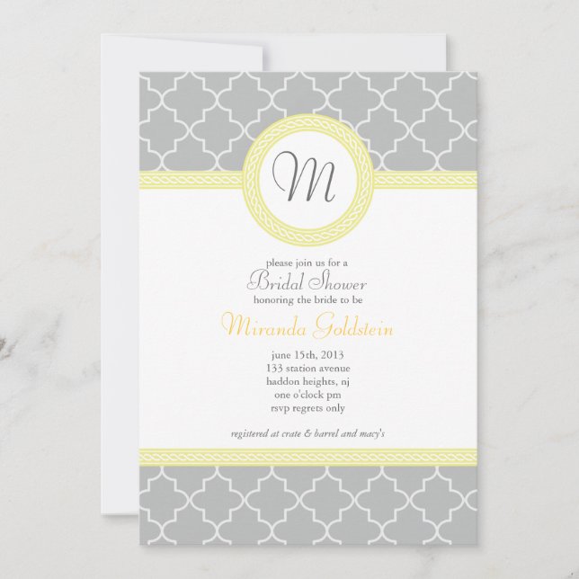 Yellow and Gray Monogram Shower Invitation (Front)