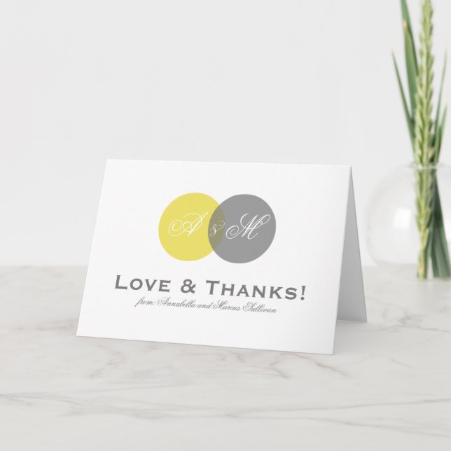 Yellow and Gray  Monograms Wedding Thank You Card (Front)