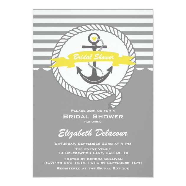 Yellow And Gray Nautical Bridal Shower Invitation