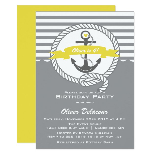 Yellow And Gray Nautical Kids Birthday Invitation