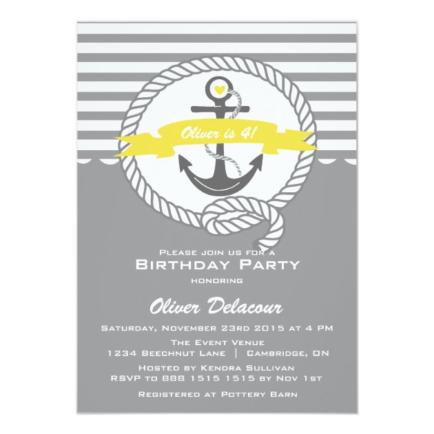 Yellow And Gray Nautical Kids Birthday Invitation