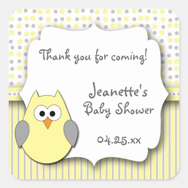 Yellow and Gray owl baby shower favor stickers (Front)