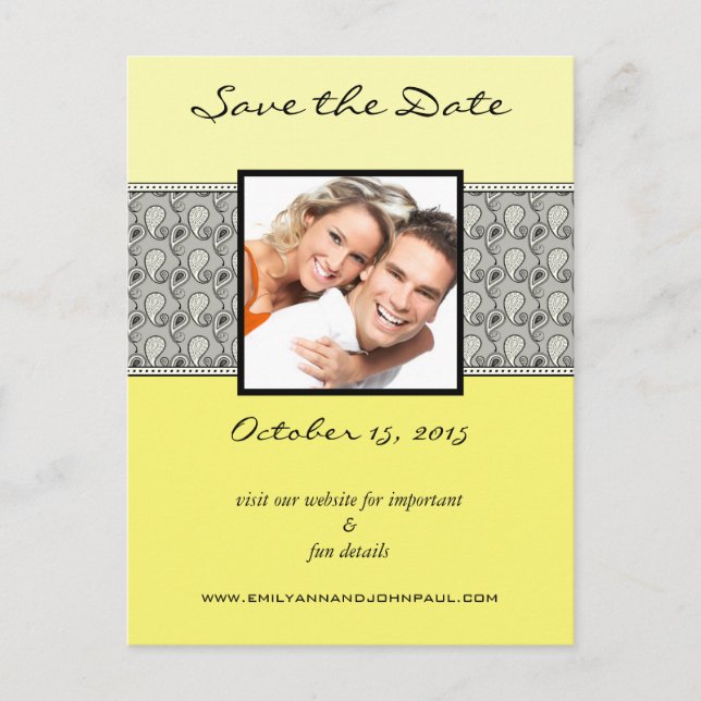 Yellow and Gray Paisley Save The Date Your Photos Announcement Postcard (Front)