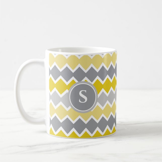 Yellow and Gray Pattern  Monogram Coffee Mug (Left)