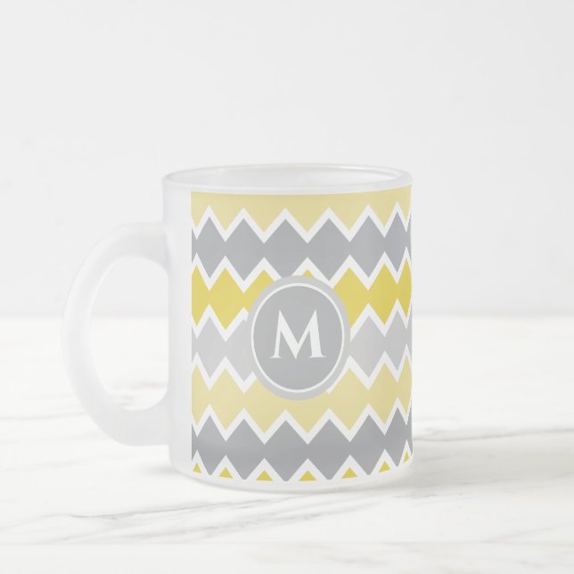 Yellow and Gray Pattern  Monogram Frosted Glass Coffee Mug (Left)
