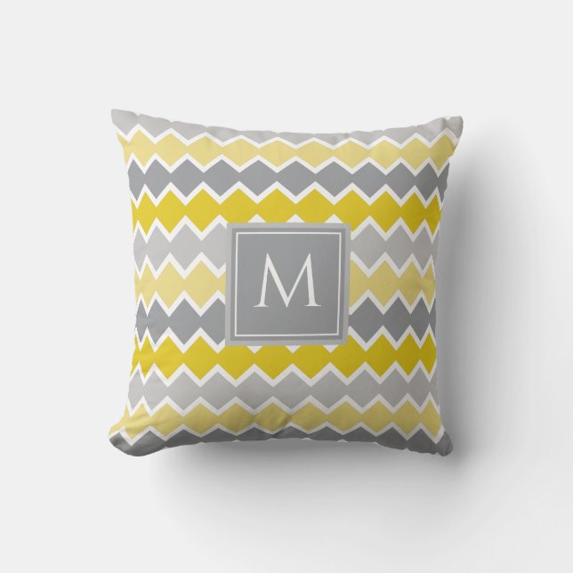 Yellow and Gray Pattern  Monogram Throw Pillow (Front)