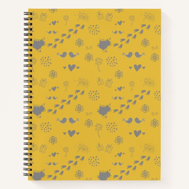 yellow and gray pattern of birds, dots, footsteps, notebook (Front)