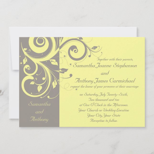 Yellow and Gray Reverse Swirl Wedding Invitations (Front)