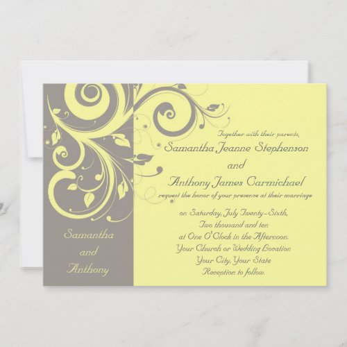 Yellow and Gray Reverse Swirl Wedding Invitations
