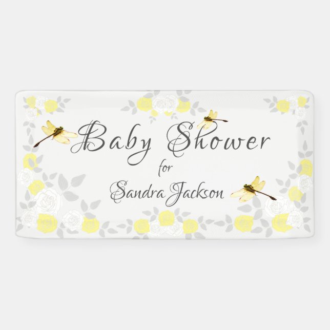 Yellow and Gray Roses Dragonfly Baby Shower   Bann Banner (Horizontal)