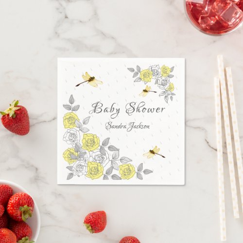 Yellow and Gray Roses Dragonfly Baby Shower Napkin