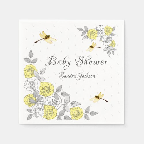 Yellow and Gray Roses Dragonfly Baby Shower Napkins