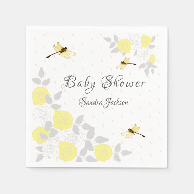 Yellow and Gray Roses Dragonfly Baby Shower Napkins (Front)