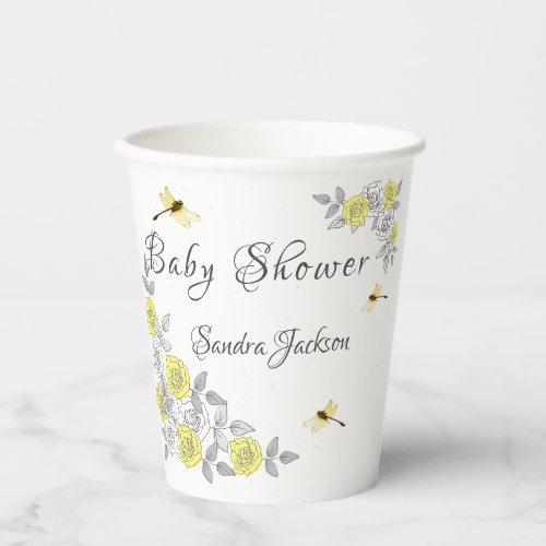 Yellow and Gray Roses Dragonfly Baby Shower  Paper Cups