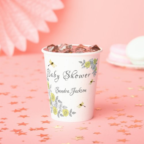 Yellow and Gray Roses Dragonfly Baby Shower  Paper Paper Cups