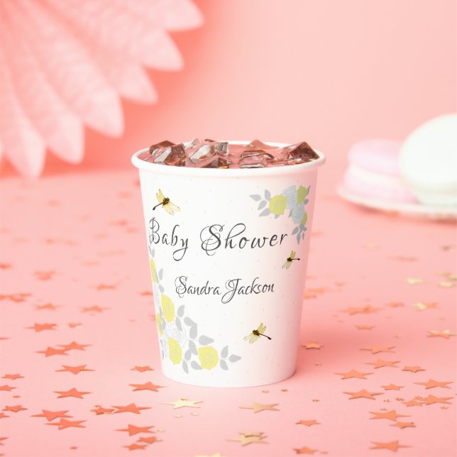 Yellow and Gray Roses Dragonfly Baby Shower  Paper Paper Cups (Insitu)
