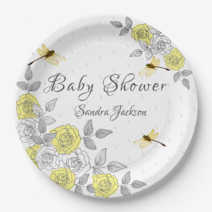 Yellow and Gray Roses Dragonfly Baby Shower Paper Paper Plates