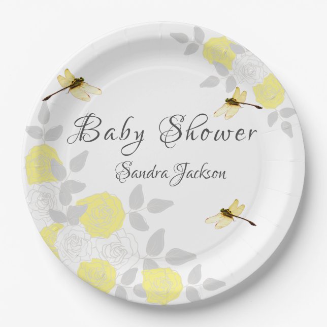 Yellow and Gray Roses Dragonfly Baby Shower Paper  Paper Plates (Front)