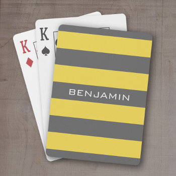 Yellow And Gray Rugby Stripes With Custom Name Playing Cards by MarshBaby at Zazzle