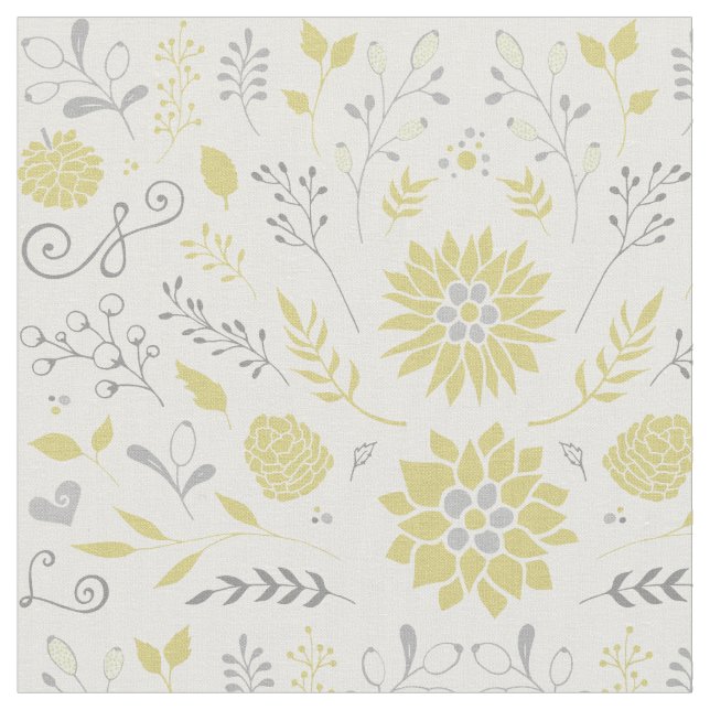 Yellow and Gray Rustic Floral Pattern Fabric (Close Up)
