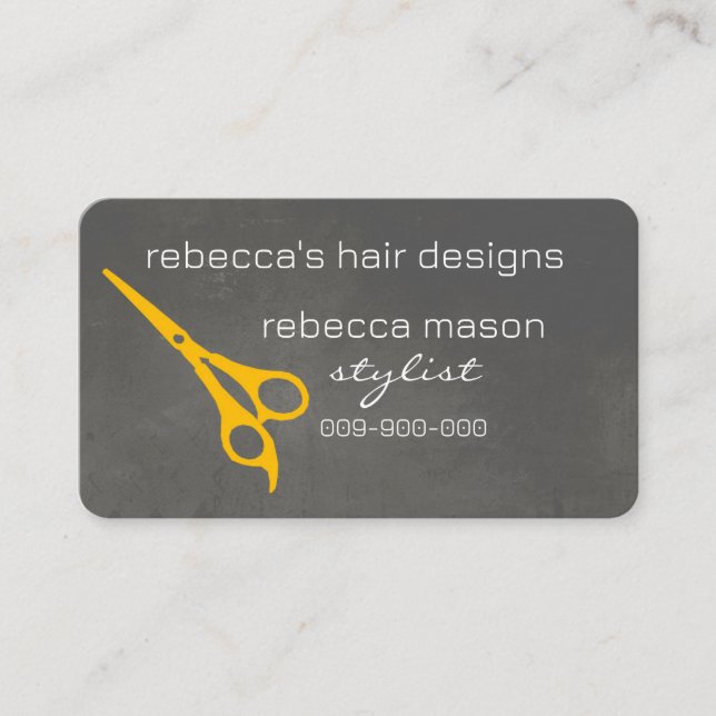yellow and gray scissors hair stylist salon custom business card (Front)