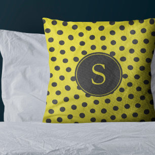 Yellow and Gray Spots with Custom Initial Throw Pillow