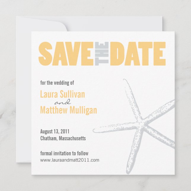 Yellow and Gray Starfish Wedding Save the Date (Front)