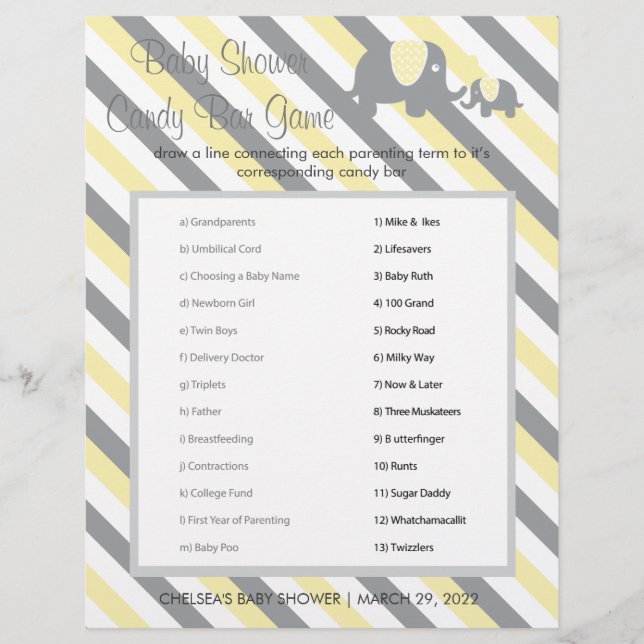 Yellow and Gray Stripe Elephant Baby Shower Game Flyer (Front)