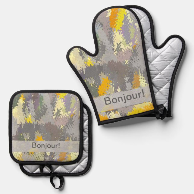 Yellow and Gray Tapestry Oven Mitt & Pot Holder Set (Front/Back)